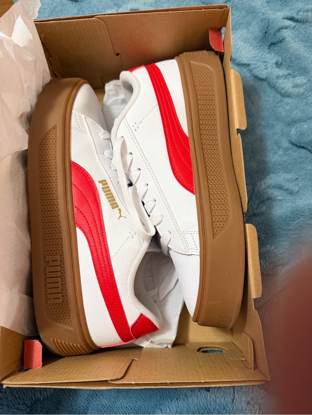 Puma Kids White Sneakers with Red Stripe and Gum Platform Sole
